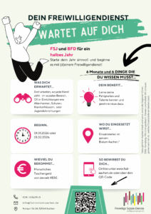 Informationsflyer in deutscher Sprache über den freiwilligen sozialen Dienst (FSJ und BFD) mit Angaben zu Leistungen, Erwartungen, Dauer (6-18 Monate), Bezahlung, Bewerbung und Kontaktdaten, mit Piktogrammen und grünem, rosa und weißem Farbschema.