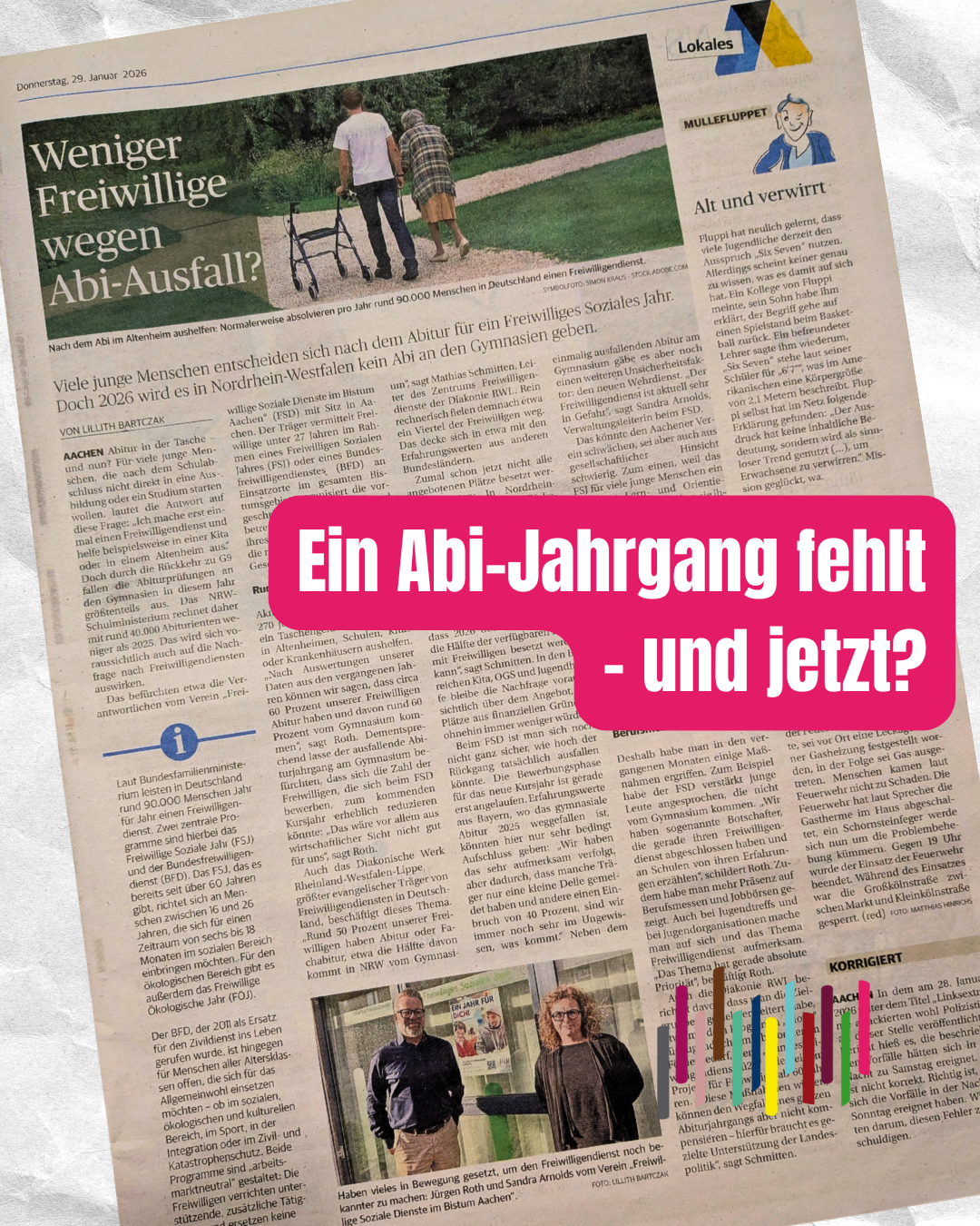 Auf einer deutschen Zeitungsseite wird über einen möglicherweise fehlenden Abiturjahrgang berichtet. In einem rosafarbenen Textfeld steht: "Ein Abi-Jahrgang fehlt - und jetzt? Oben links sind Menschen abgebildet, die in einem Park spazieren gehen.