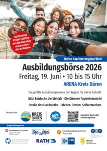 Eine bunt gemischte Gruppe lächelnder junger Menschen macht ein gemeinsames Selfie. Der Text wirbt für die "Ausbildungsbörse 2026" am 19. Juni in Düren und listet am unteren Rand Veranstaltungsdetails und Logos von Sponsoren und Partnern auf.
