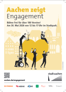 Plakat mit gelbem und weißem Hintergrund, das Menschen beim Musizieren, Malen und Gärtnern rund um ein großes Herz zeigt. Der Text wirbt für die Veranstaltung "Aachen zeigt Engagement" am 30. Mai 2026 im Stadtpark mit über 180 Vereinen.